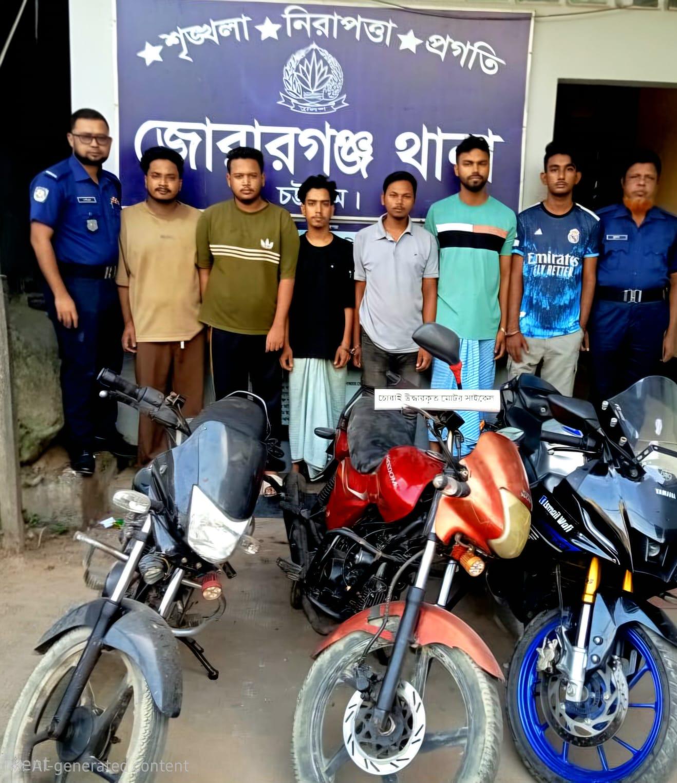<p>জোরারগঞ্জে পুলিশের সাঁড়াশি অভিযান<br />
চোরাই মোটরসাইকেল চক্রের ৬ সদস্য গ্রেপ্তার, উদ্ধার ৩ বাইক</p>